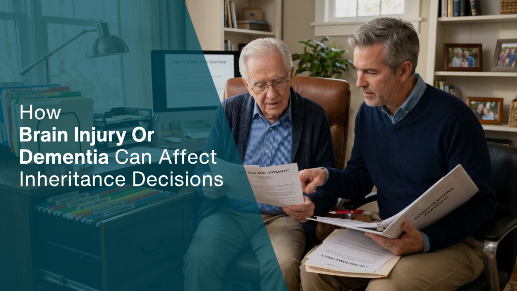 An elderly man with an adult son sitting and looking at a Will and other estate planning documents. The image has the text "How Brain Injury or Dementia Can Affect Inheritance Decisions" written in white on a dark blue background.